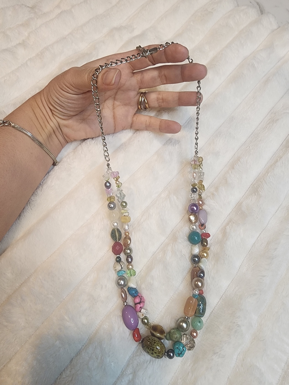 Mixed Gemstone Pearl Double Strand Statement Necklace Multicolor Boho